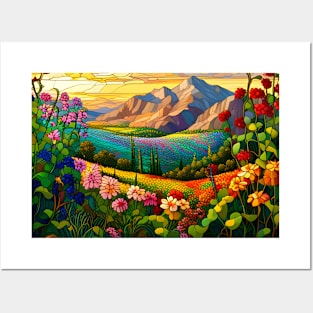 Stained Glass Colorful Mountain Meadow Posters and Art